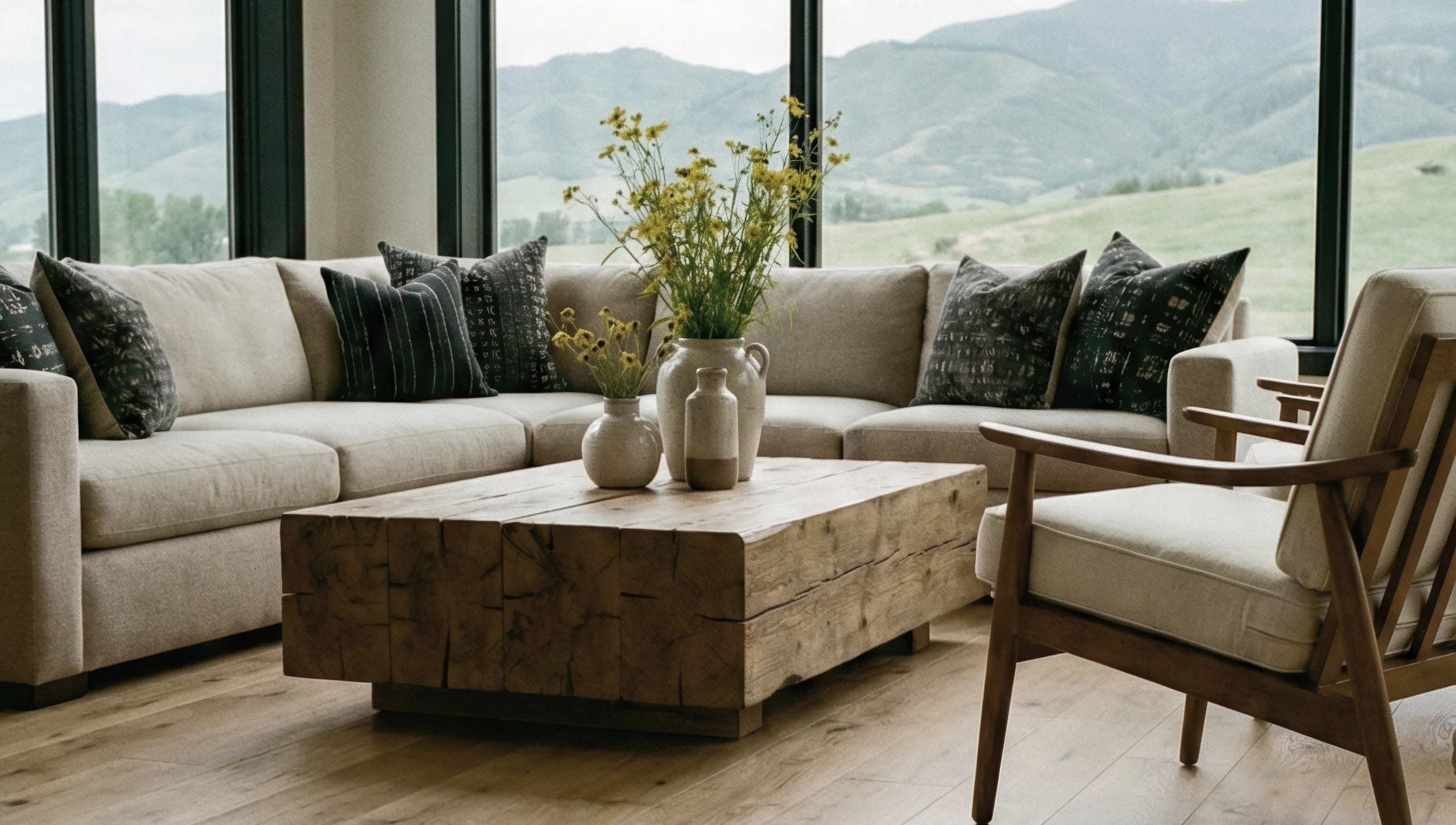 Ansicht eines Wohnzimmers. Ein Sofa mit massivem hölzernen Couchtisch vor einer Fensterfront mit Landschaftspanorama.