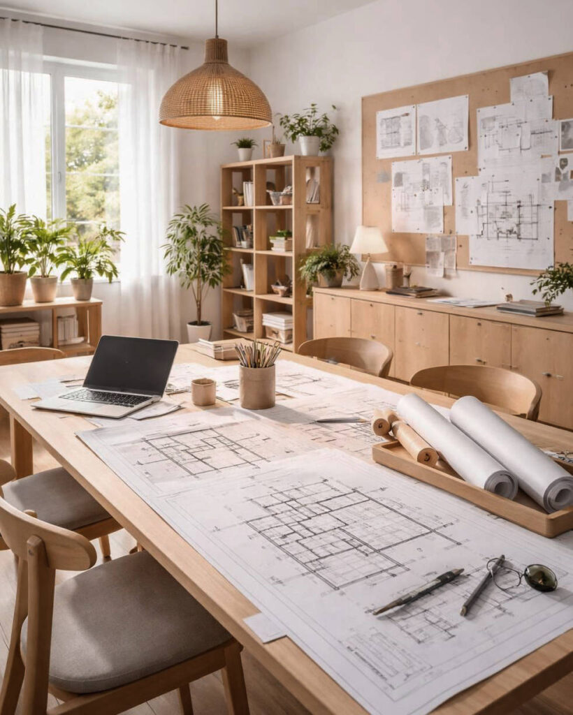 Ein Raum mit einem Tisch voller Interior Design Zeichnungen und Plänen